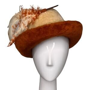 Vintage 60s Pinched Crown Fuzzy Fedora Hat 2 Tone White Rust Breton Mod Bellini